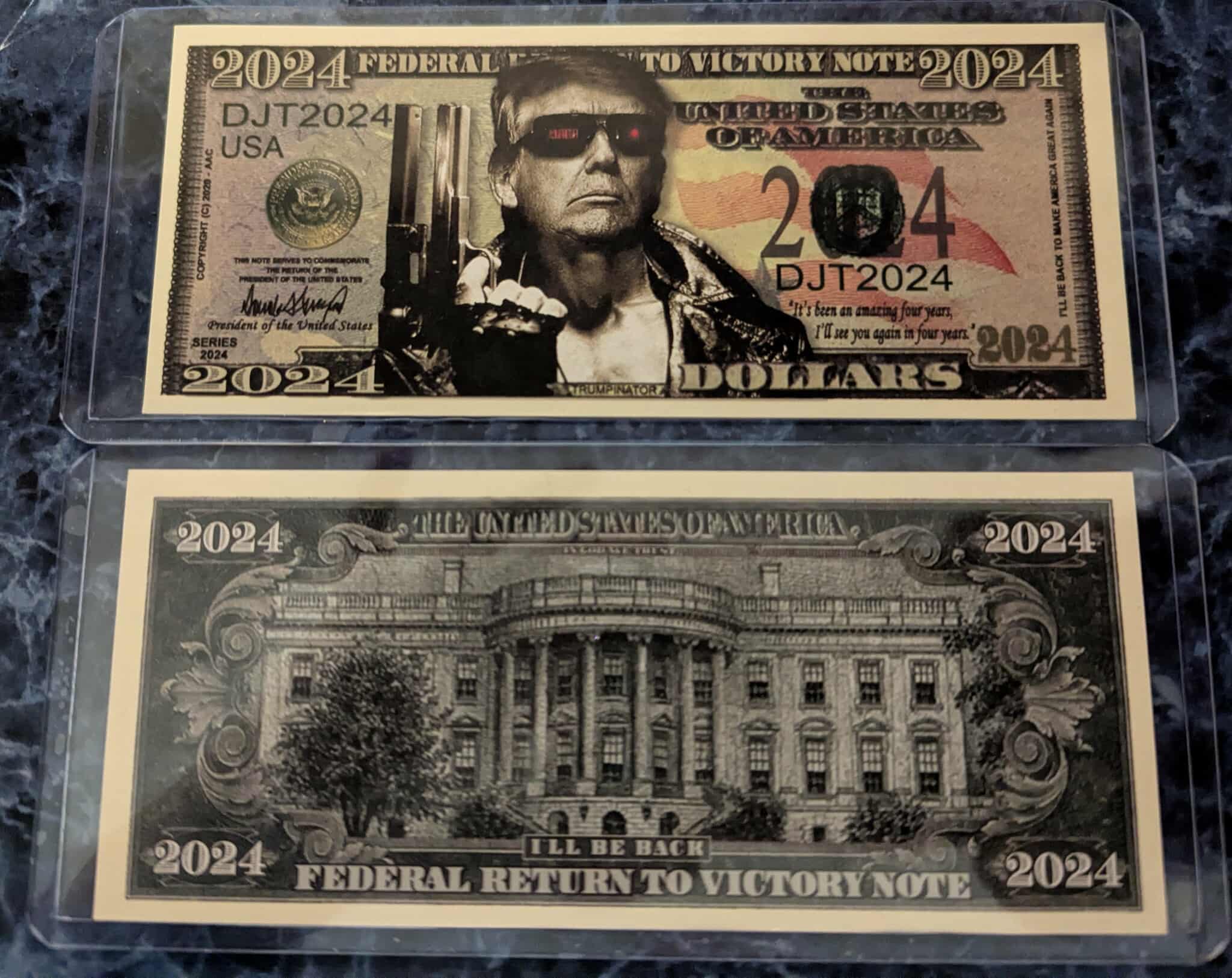DJT 2024 color cash bill in plastic fold 